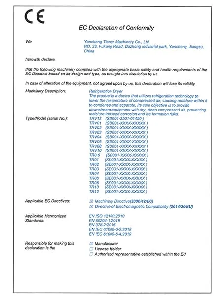 CE Certification Compliance with EU safety and performance standards for air dryers